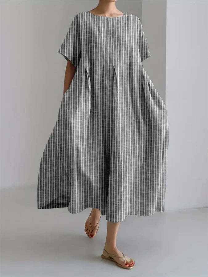 Striped Round Neck Short Sleeve Pocket A-Line Midi Dress Summer