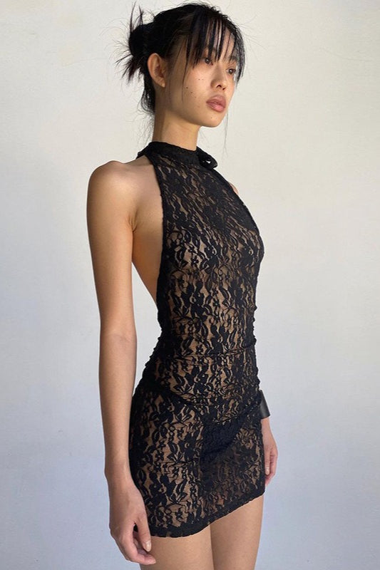 Backless Halter-Neck Lace Bodycon Mini Dress