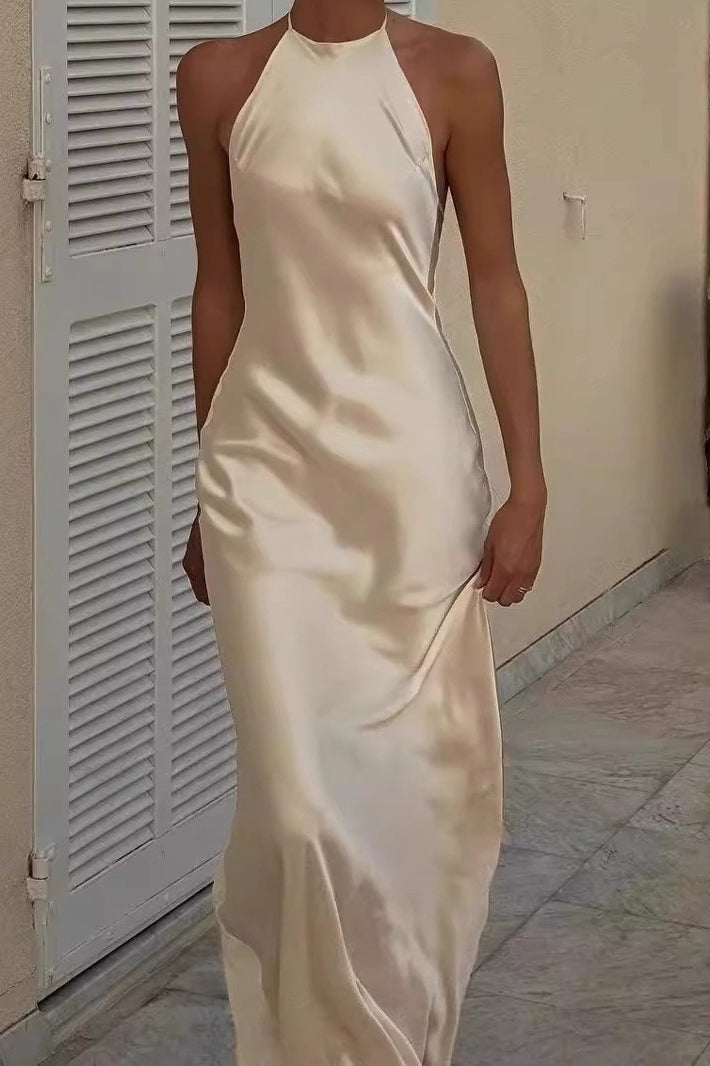 Satin Halter Neck Backless Bias Cut Slip Maxi Dress