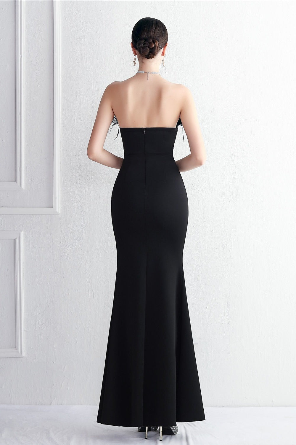 Feather Trim Strapless High Split Mermaid Gown