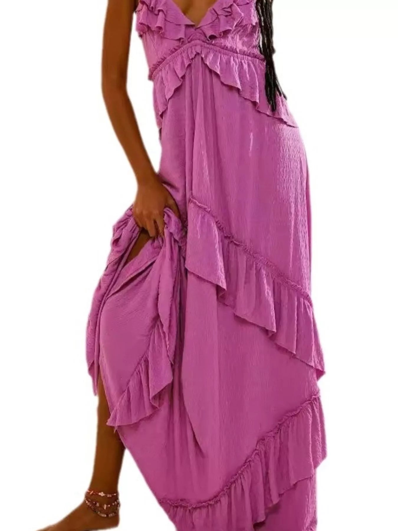 Halter Neck Deep V-Neck Ruffle Tiered Backless Maxi Dress 28