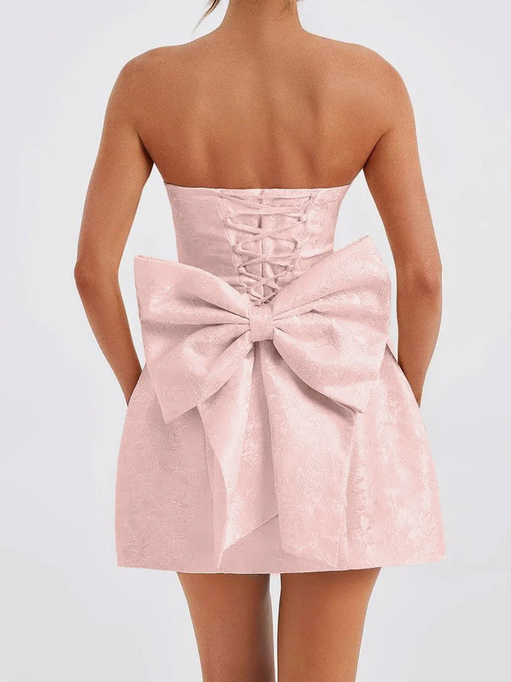 Floral Jacquard Strapless Oversized Back Bow Bubble Mini Dress 6