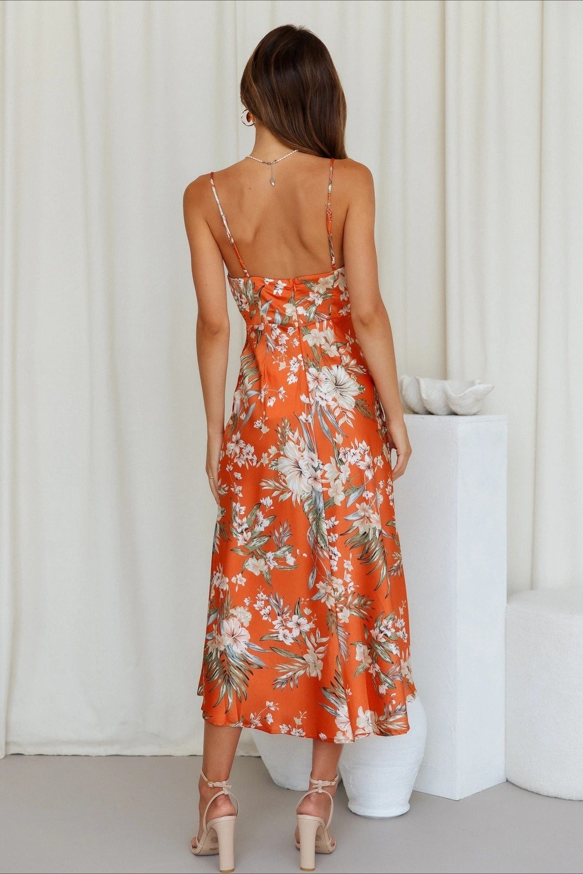 Floral Print Cowl Neck Spaghetti Strap Draped Slip Midi Dress