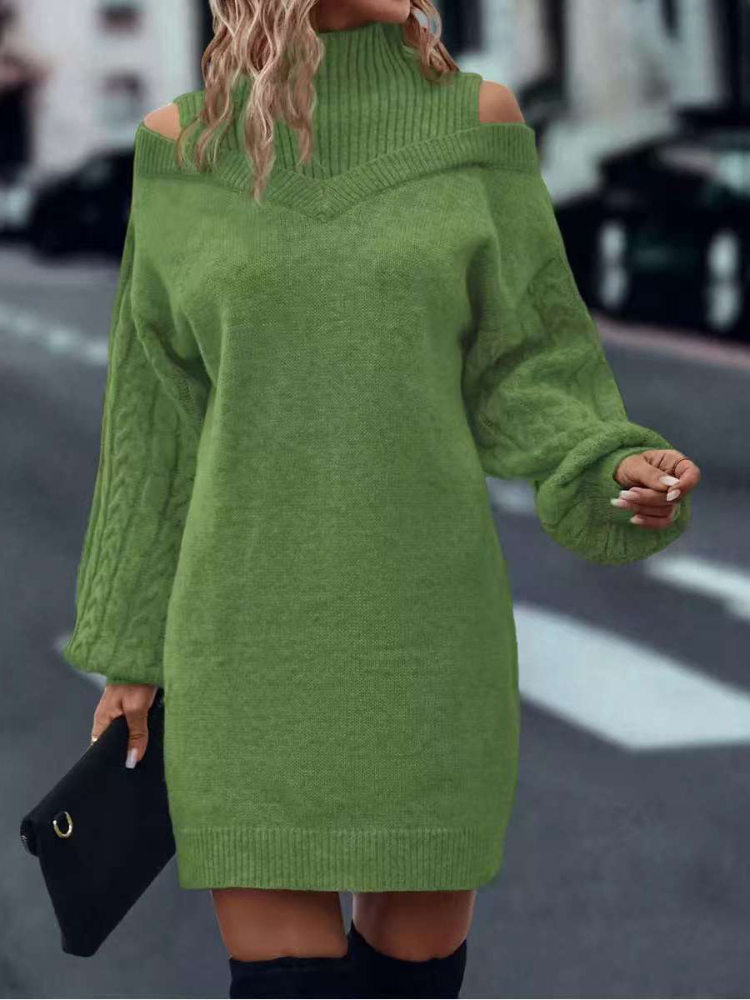 High Neck Cold Shoulder Long Sleeve Sweater Mini Dress 2