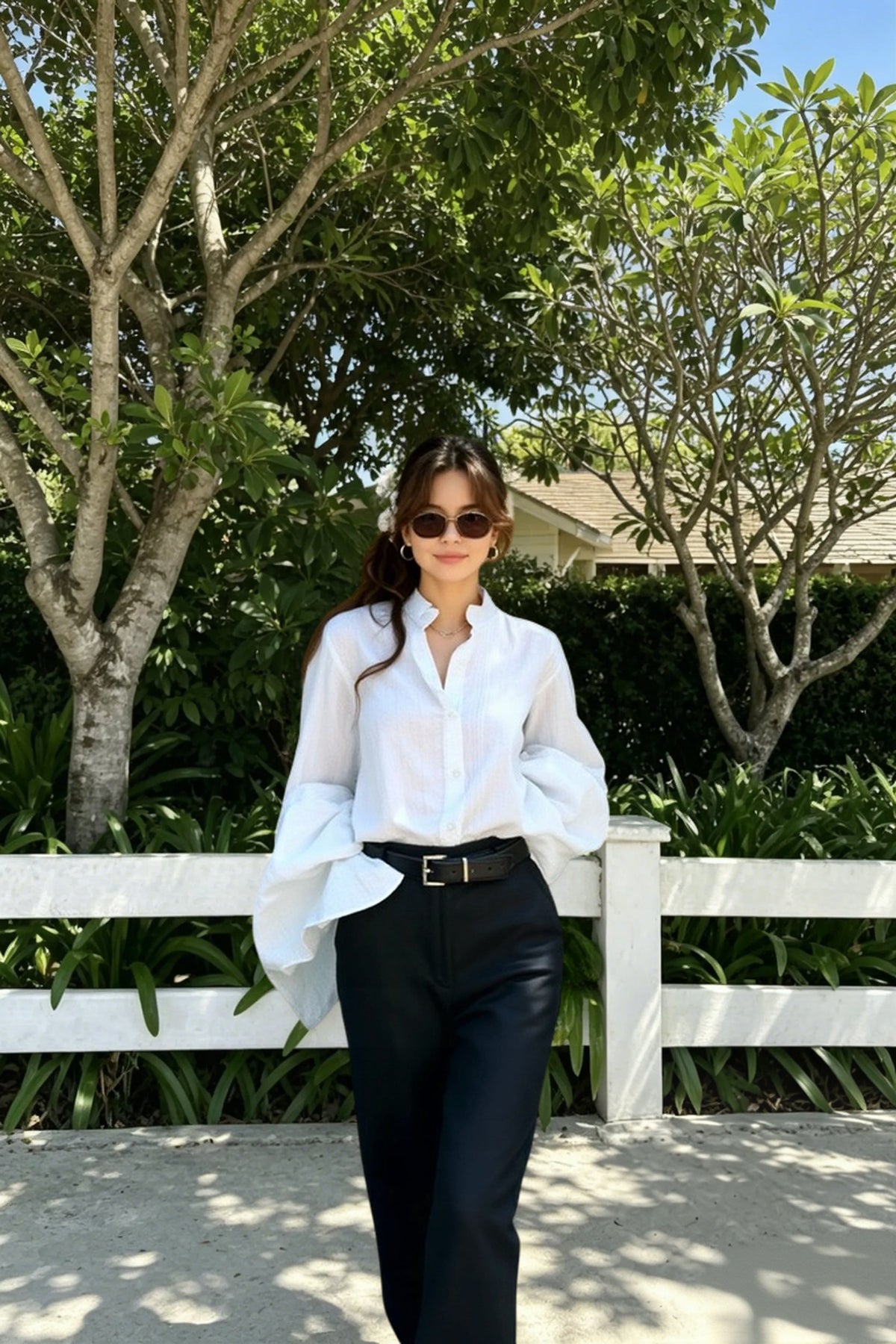 Stand Collar Button Front Lantern Sleeve Flared Cuff Blouse