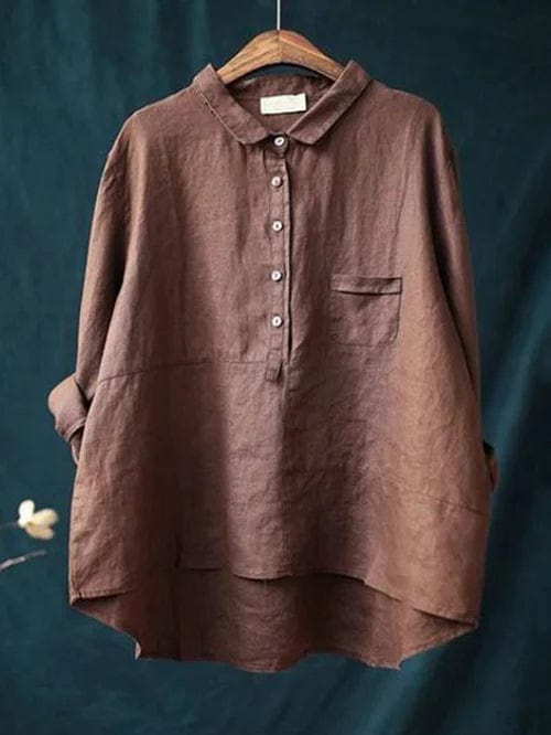 Collared Half Button Three Quarter Sleeve Linen Blouse