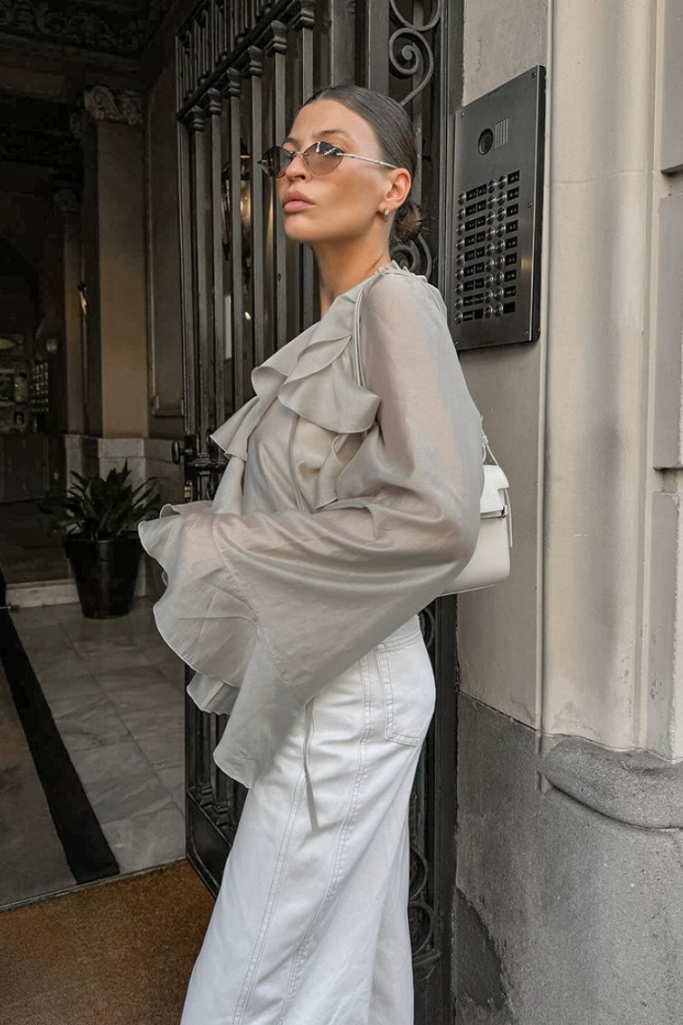 V-Neck Layered Ruffle Collar Bell Sleeve Semi Sheer Blouse 3