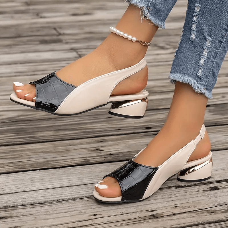 Open Toe Slingback Croc Embossed Block Heel Sandals