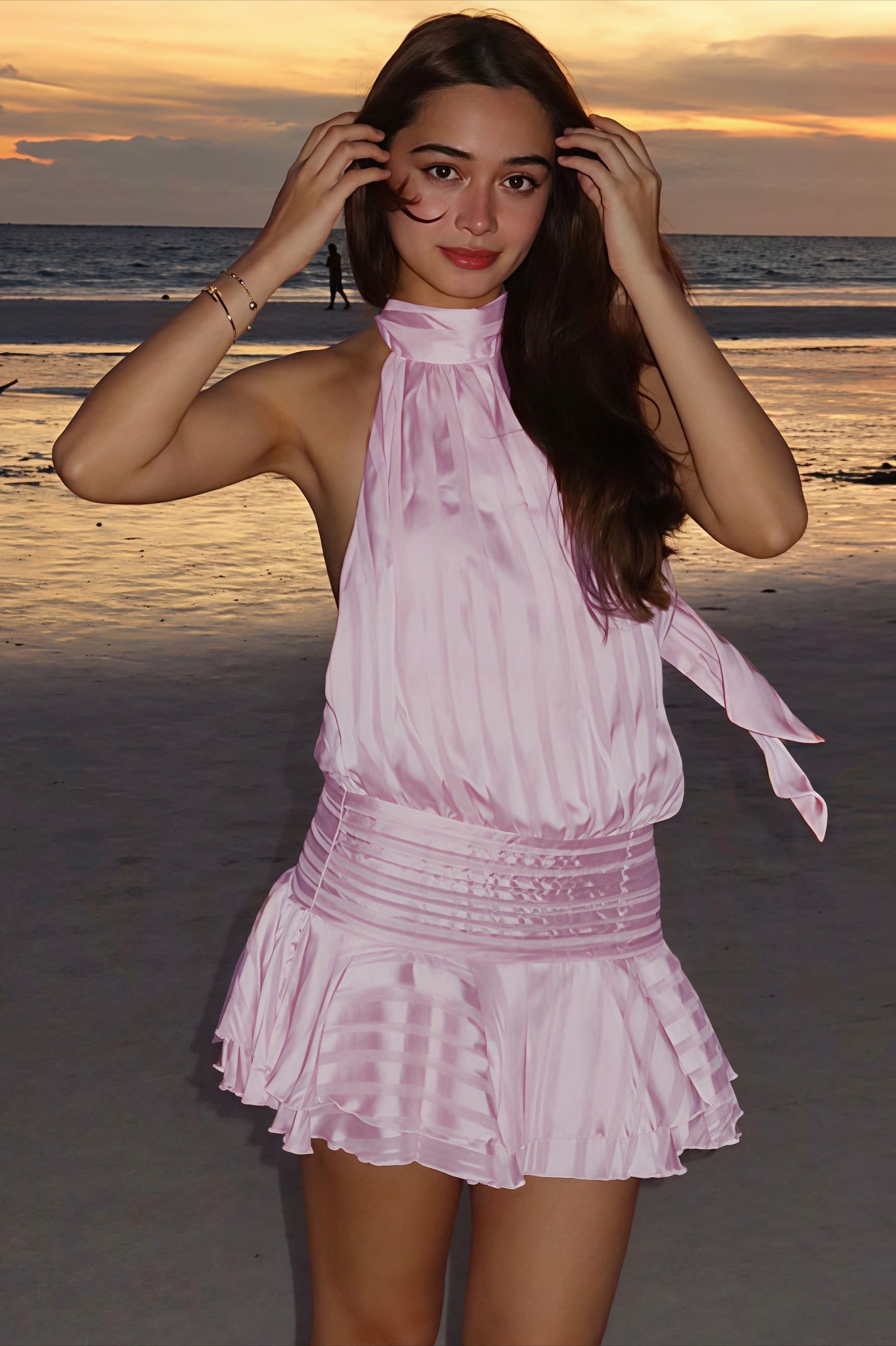 Satin Halter Neck Ruched Ruffle Hem Mini Dress