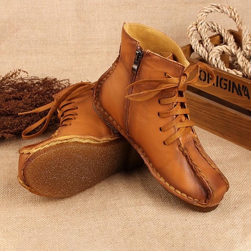 National Style Leather Short Boots For Women Lace Up Green/Black/Brown