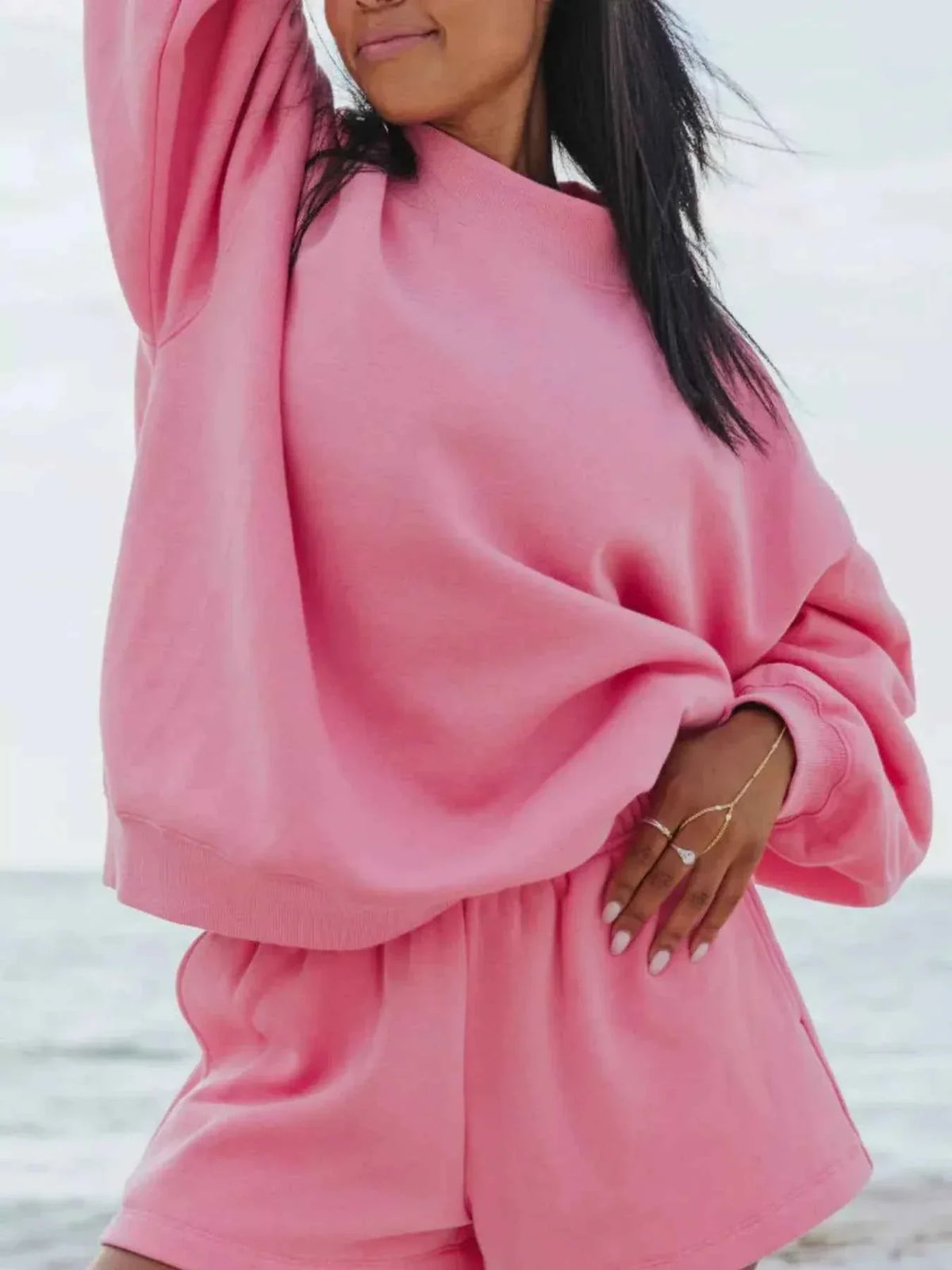 Oversized Crew Neck Sweatshirt and Elastic Waist Shorts Two Piece Set 6