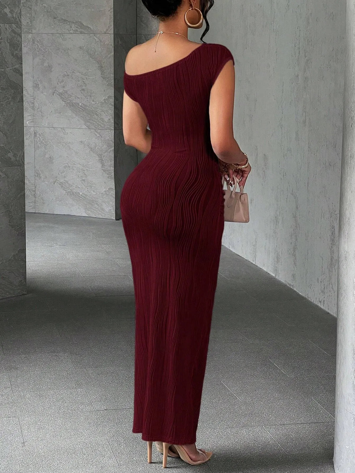 Textured Asymmetric Off Shoulder Cap Sleeve Bodycon Maxi Dress 12