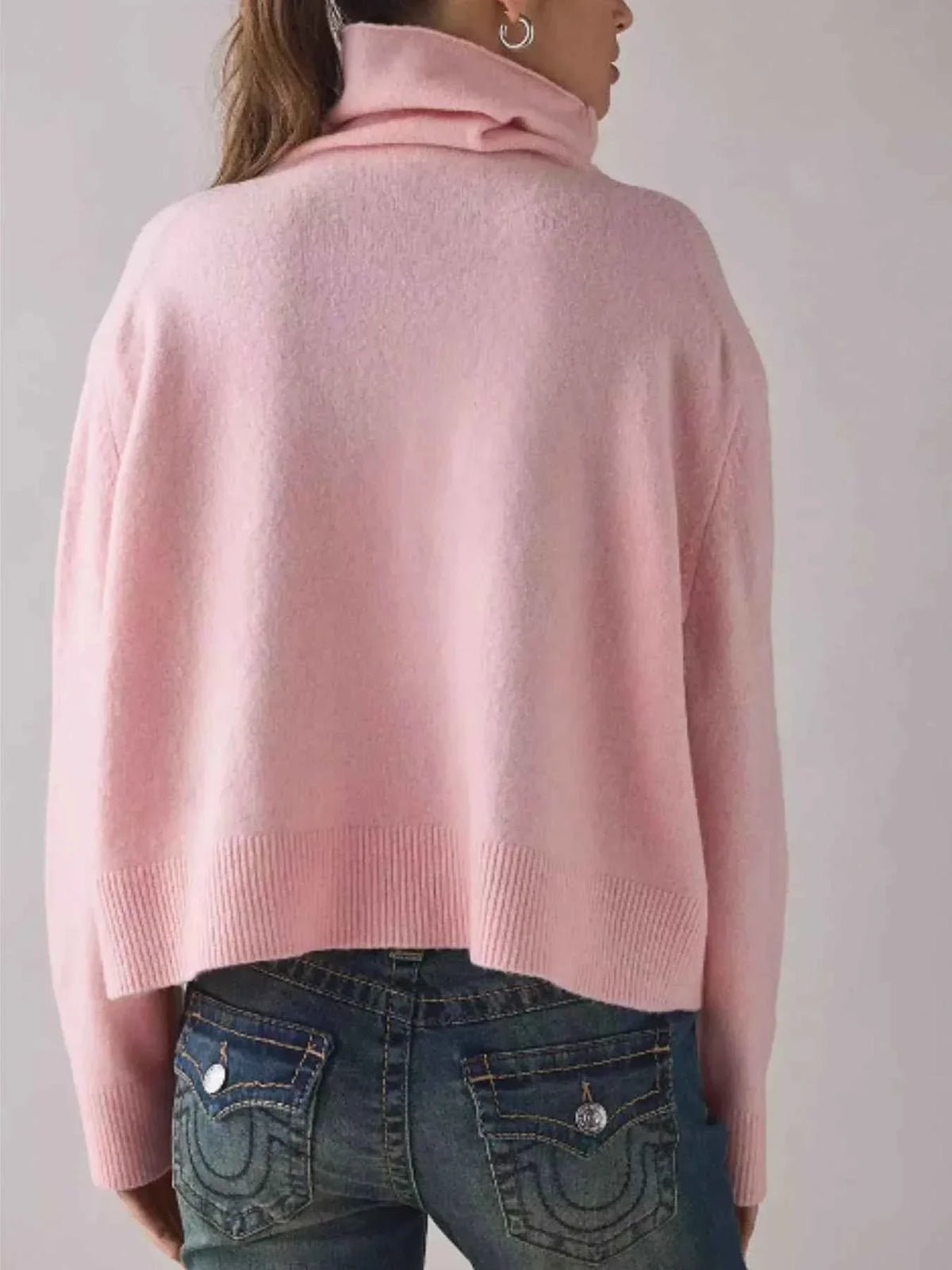 Turtleneck Drop Shoulder Long Sleeve Ribbed Hem Knit Sweater 2