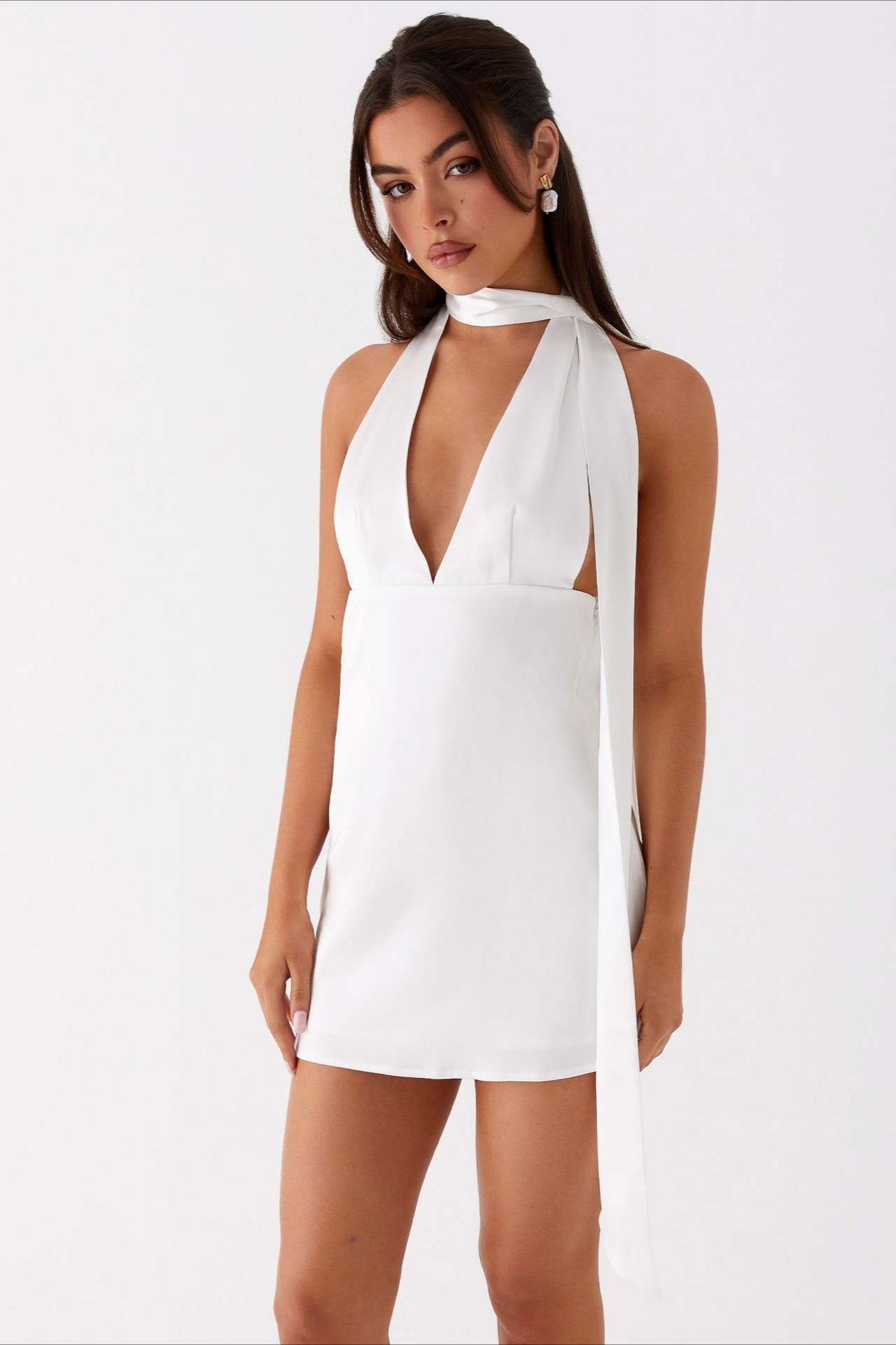 Satin Halter Scarf Neck Deep V-Neck Cut Out Backless Mini Cocktail Dress
