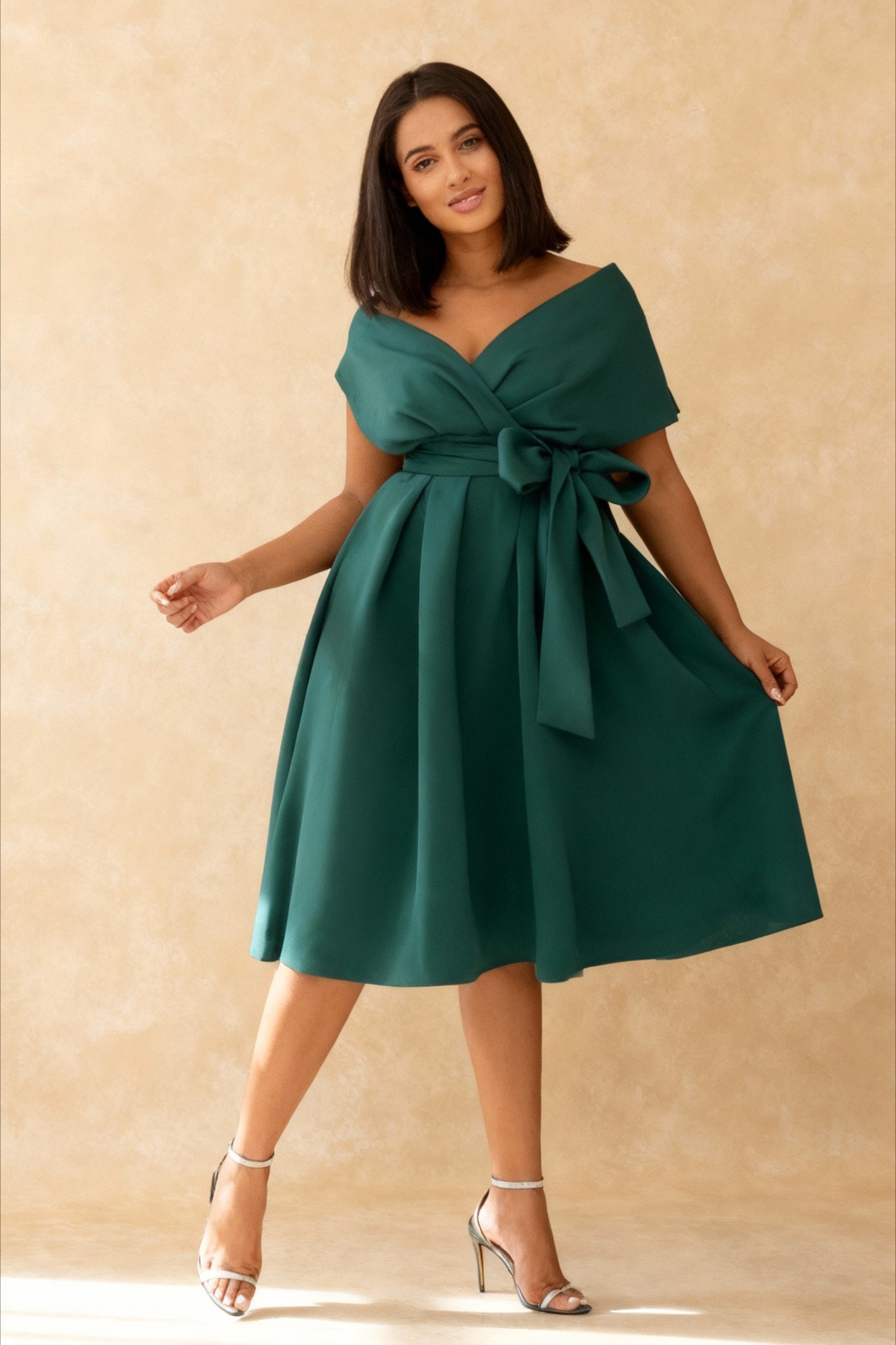 Off Shoulder Wrap Bow Belt Pleated A-Line Midi Dress