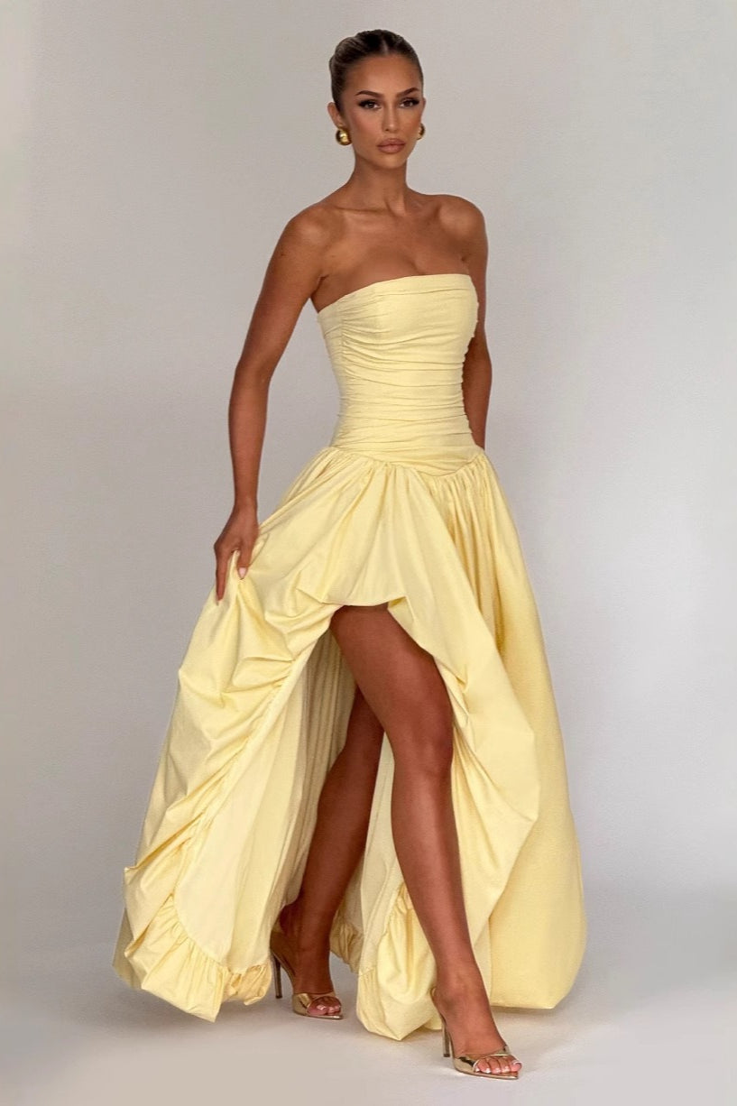 Strapless Ruched Drop Waist Bubble Hem Gown