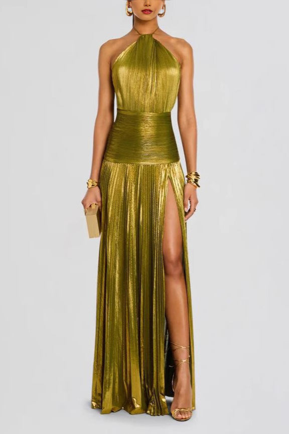 Metallic Halter Neck Pleated High Split Maxi Dress