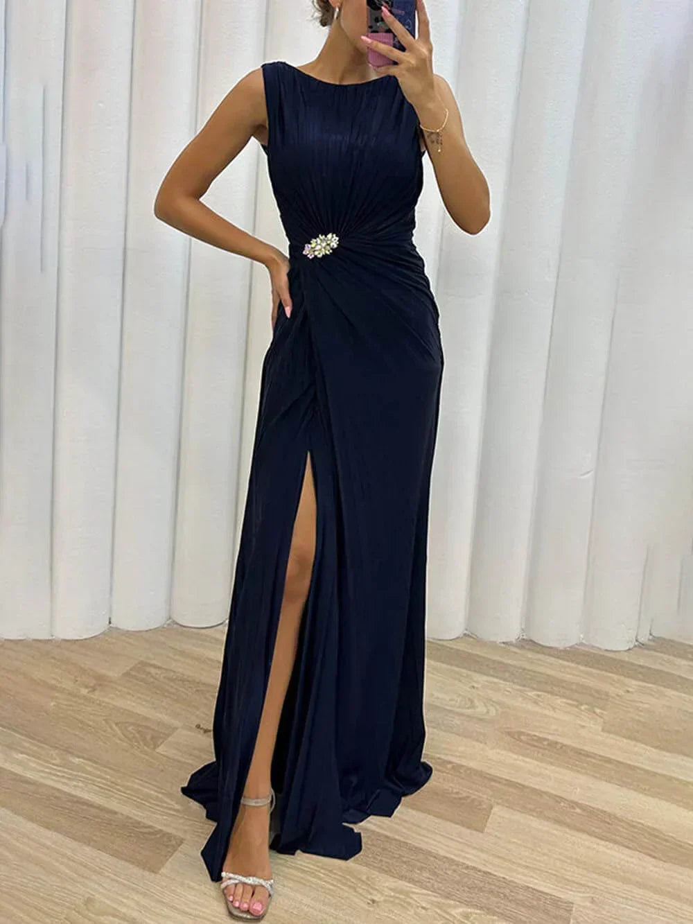 Davina - Pleated Maxi Evening Dress Navy Blue