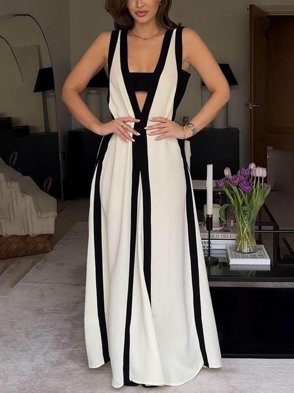 Colorblock Reversible Style A-Line Maxi Dress Beige