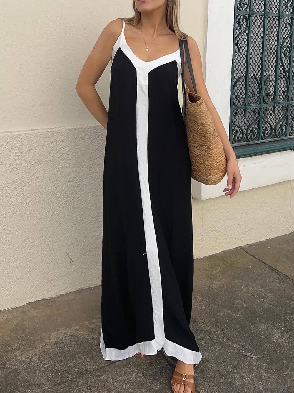 Lavechic Colorblock Suspender Midi Dress Black