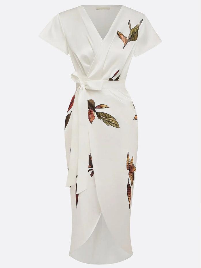 Satin Deep V-Neck Short Sleeve Wrap High Split Midi Dress 4