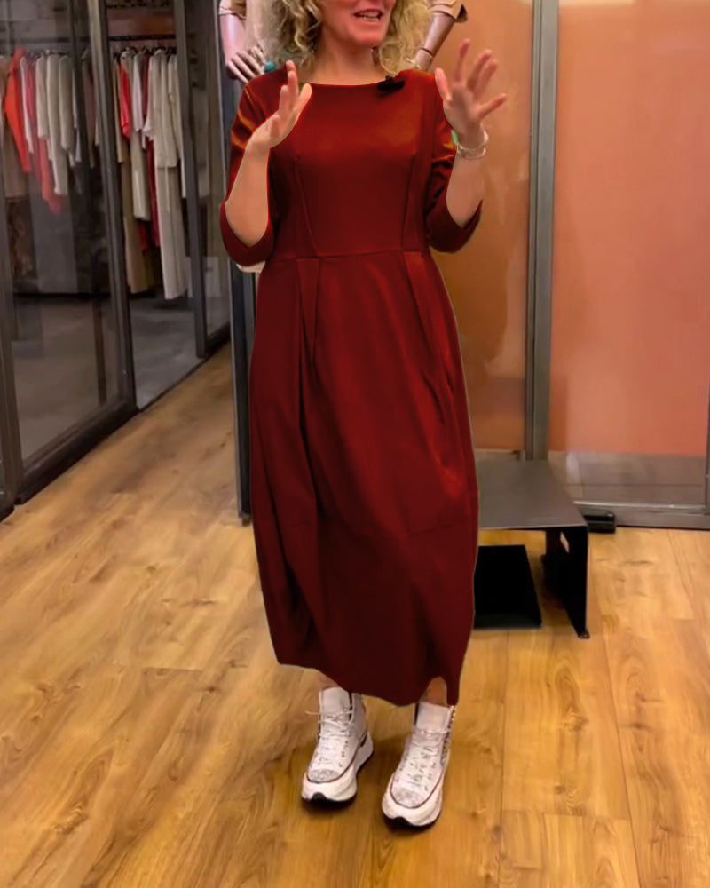 Boat Neck Three Quarter Sleeve Pleated Cocoon Midi Dress