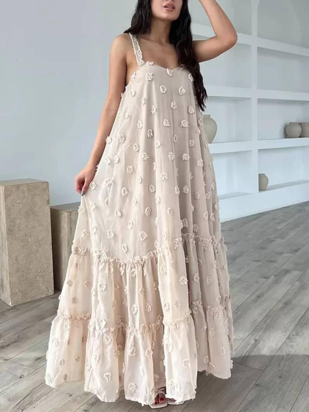 Flower Decor Pretty A-Line Layered Loose Maxi Dress Apricot