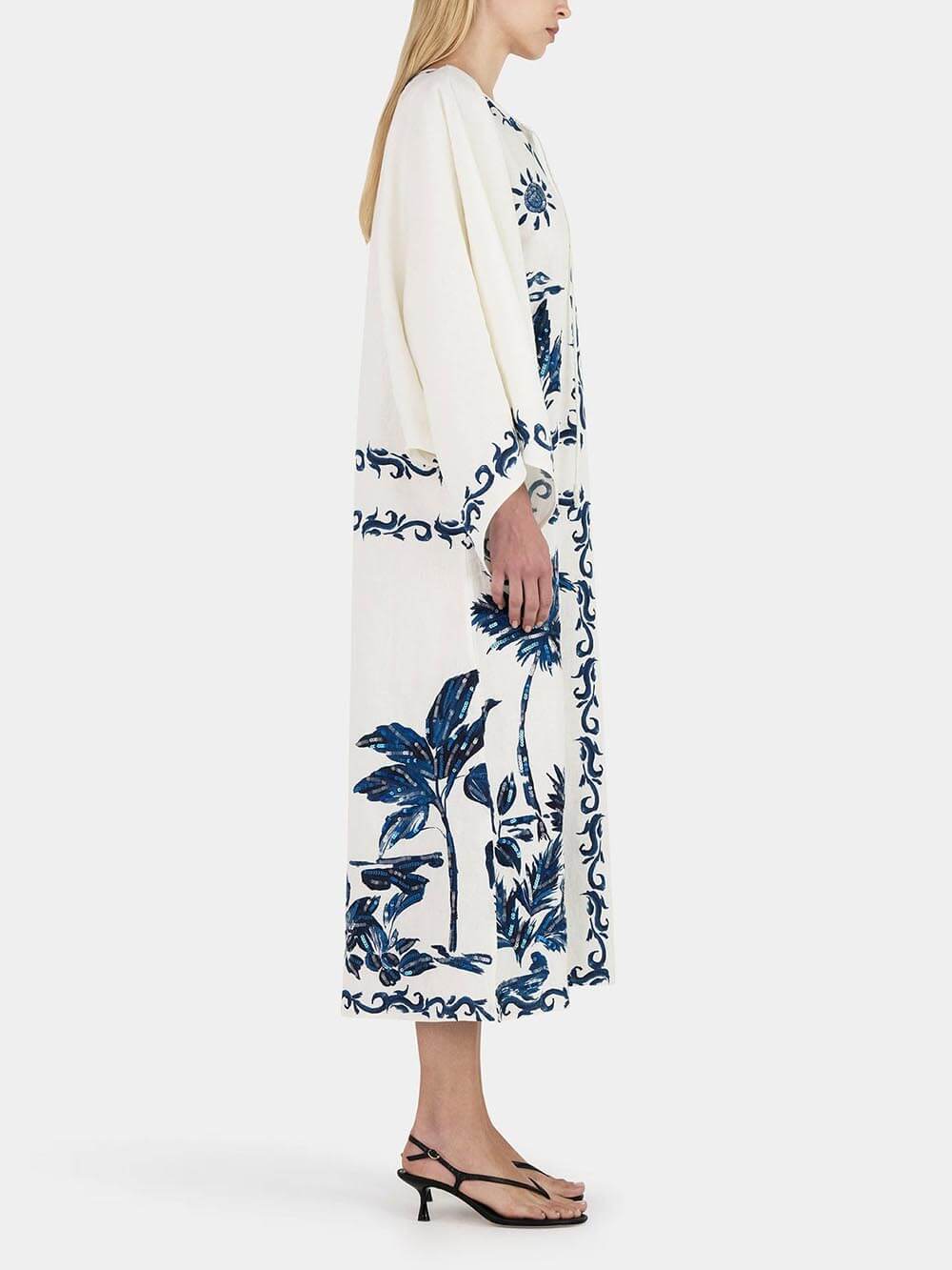 Palm Print V-Neck Long Sleeve Kaftan Midi Dress