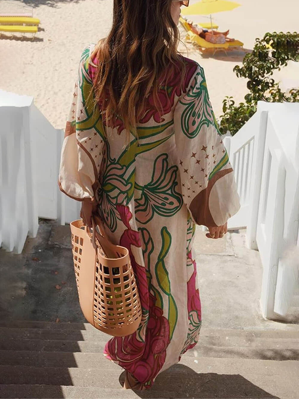 Chic Linen Blend Unique Print Balloon Sleeve Tie up Tunic Maxi Dress