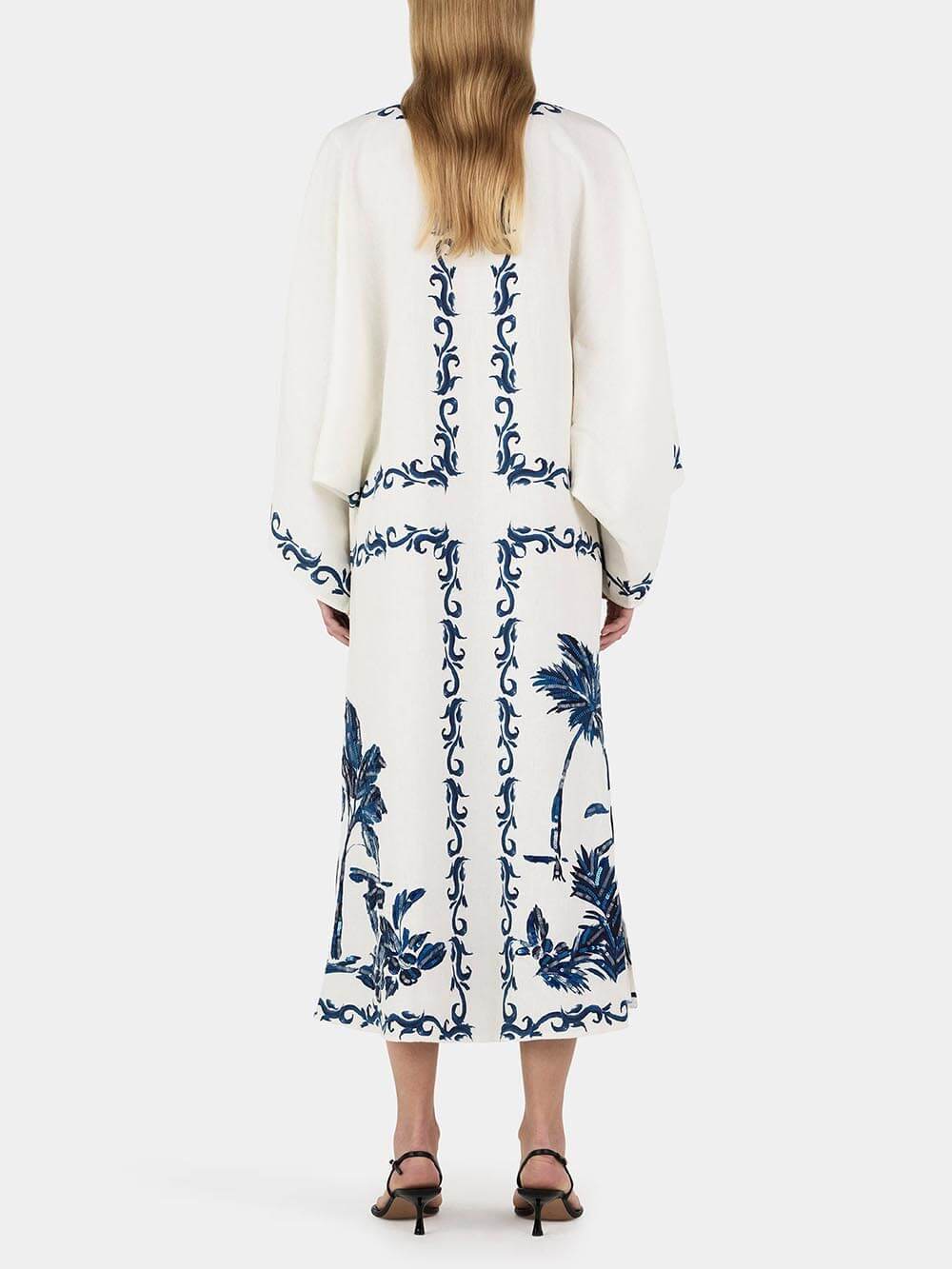 Palm Print V-Neck Long Sleeve Kaftan Midi Dress