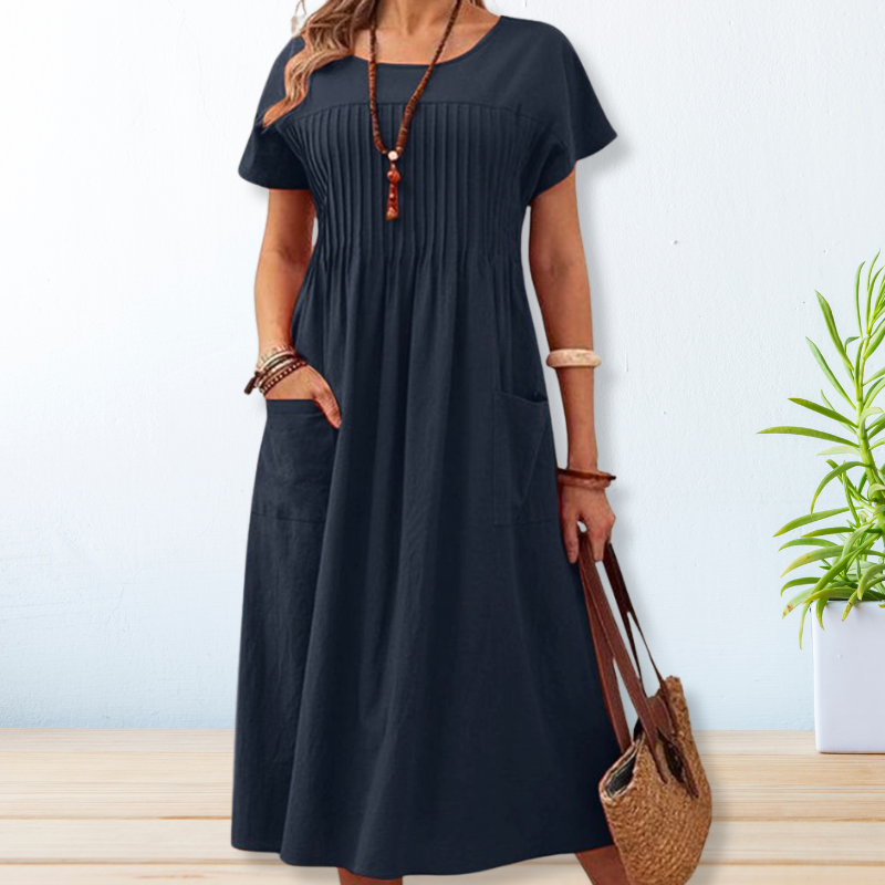 Pintuck Pleat Round Neck Short Sleeve Pocket Midi Dress