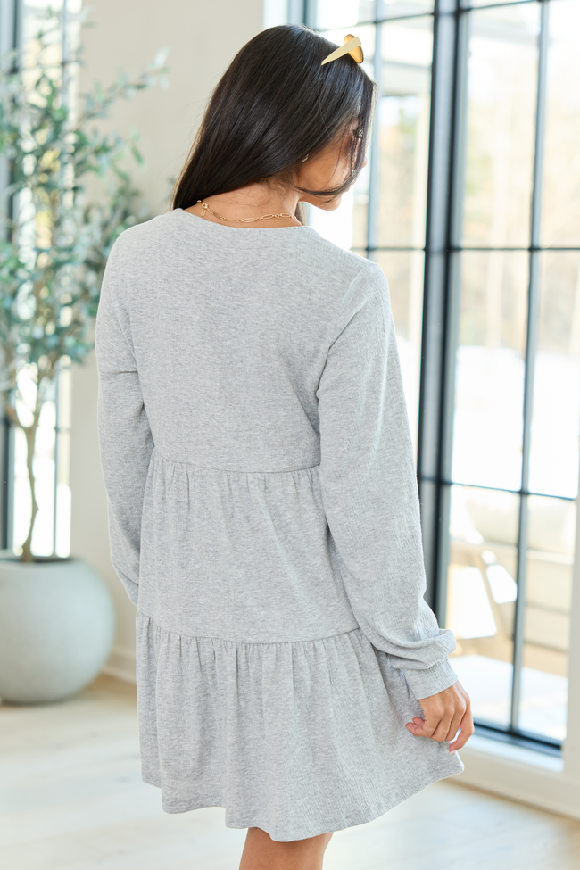 Ribbed Knit V-Neck Long Sleeve Button Front Tiered Mini Dress 4