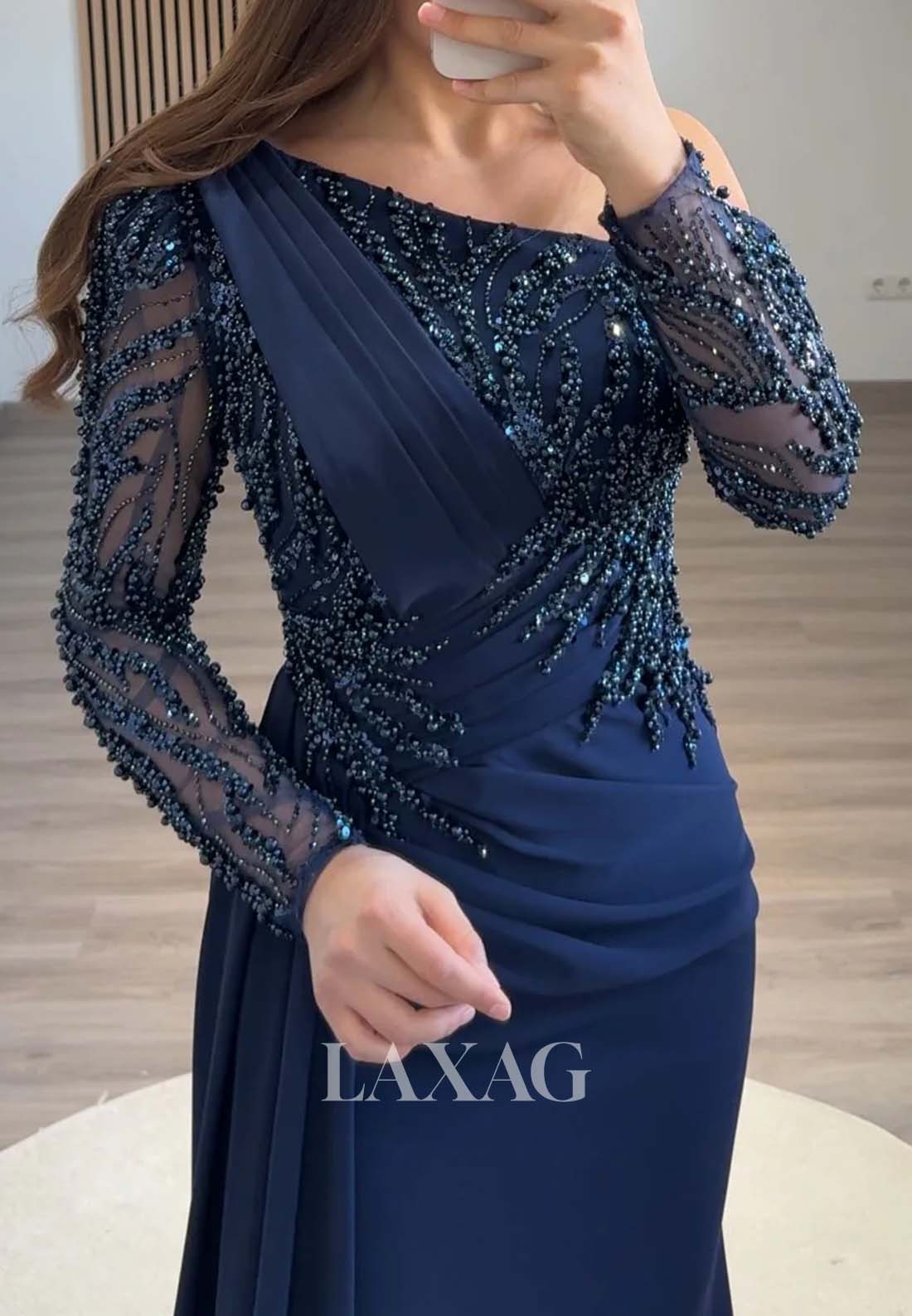 Long-Sleeves Beaded Pleated Formal Gowns Asymmetrical-Neck Sweep Train Mermaid Evening Dress