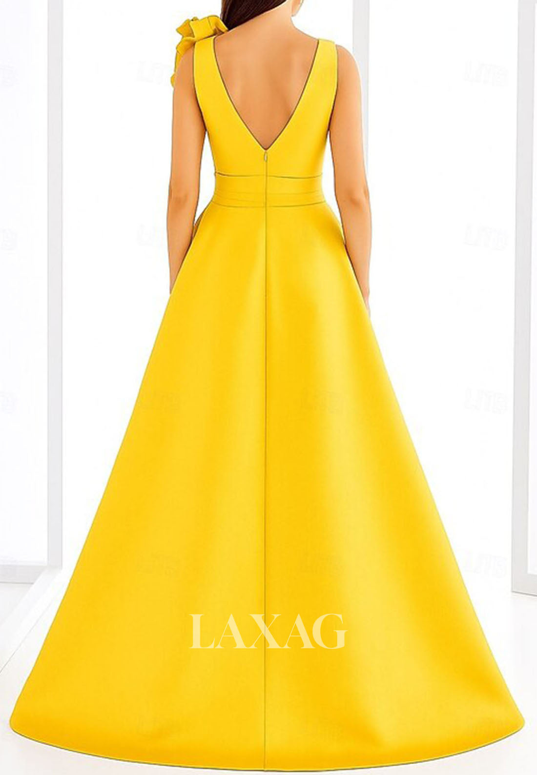 Deep V-Neck Straps Sleeveless Ruffled Pleated Satin Floor-Length A-Line Formal Evening Dress