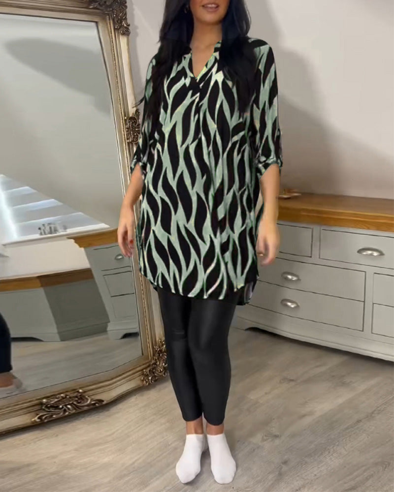 Abstract Print Roll Tab Long Sleeve Collared Button Down High Low Shirt Top