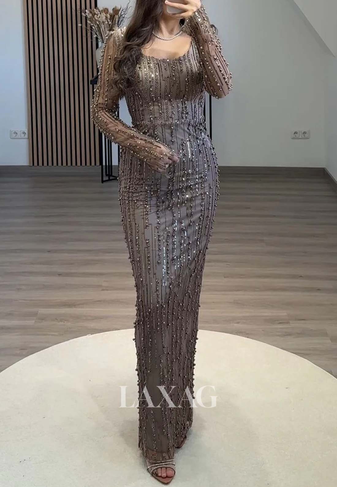 Scoop-Neck Long-Sleeves Formal Gowns Beaded Pleated Mermaid Evening Dress with Tulle Train