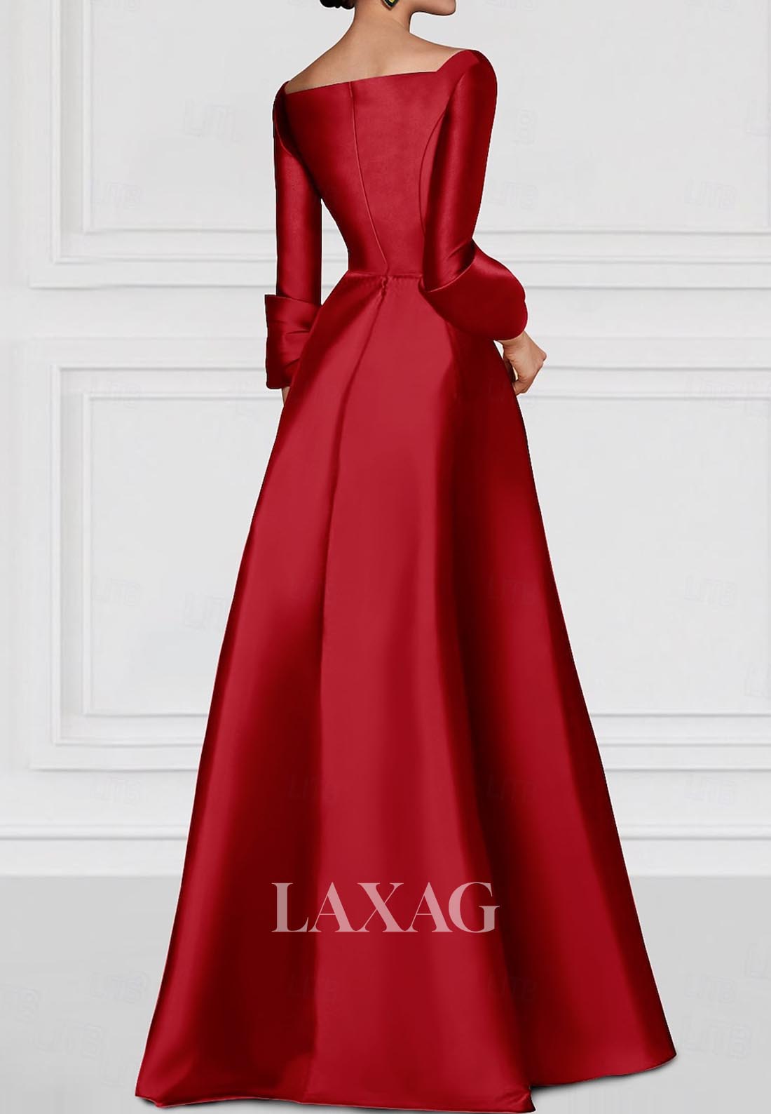 V-Neck Long-Sleeves Satin A-Line Evening Dress Beaded Embroidered Formal Gowns with High Slit