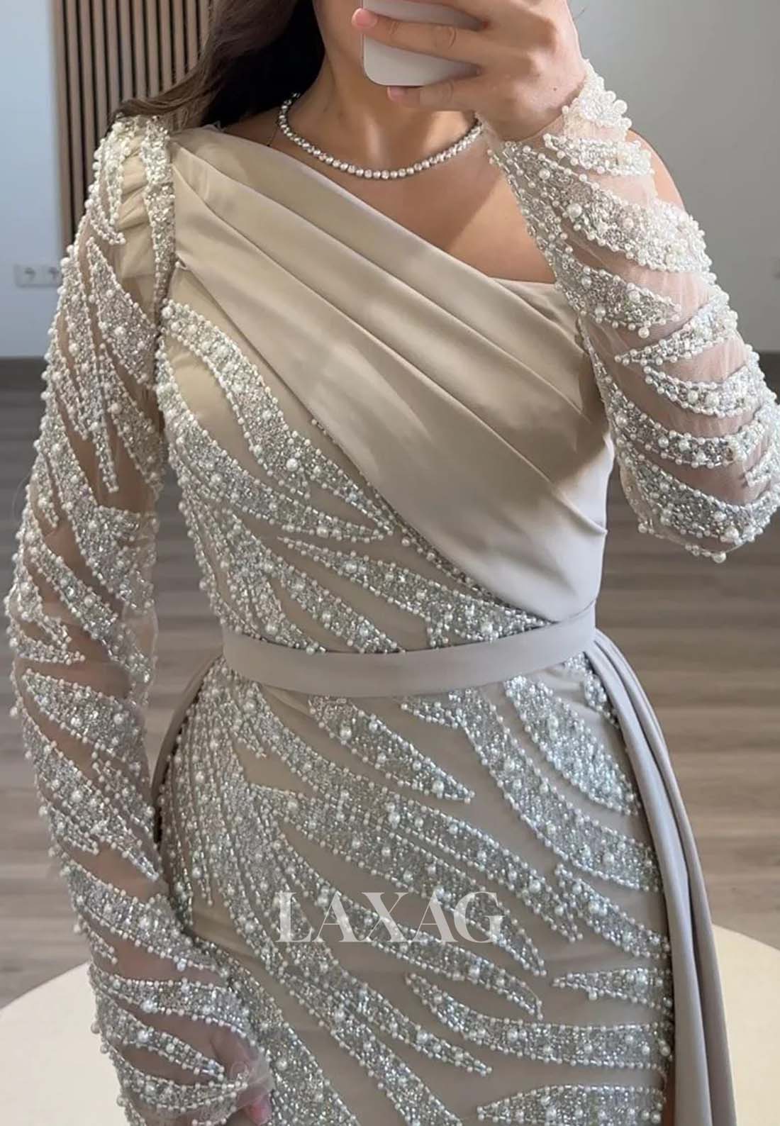 Asymmetrical-Neck Long-Sleeves Mermaid Evening Dress Beaded Pleated Formal Gowns with Satin Trian