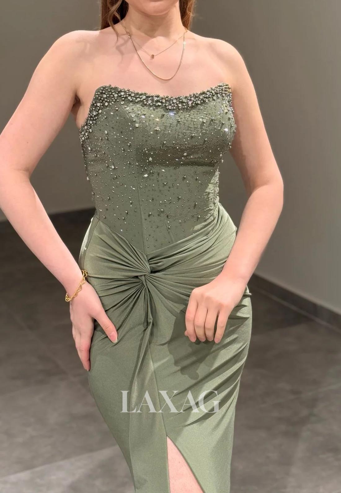 Tube Top Sleeveless Pleated Satin Formal Gowns Off-Shoulder Beaded Mermaid Evening Dress