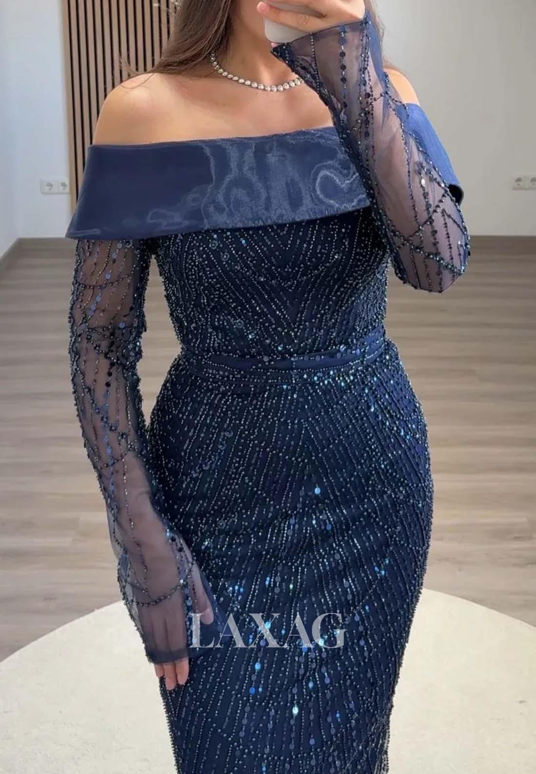 Tube Top Long-Sleeves Ankle-Length Formal Gowns Fully Sequined Beaded Mermaid Evening Dress