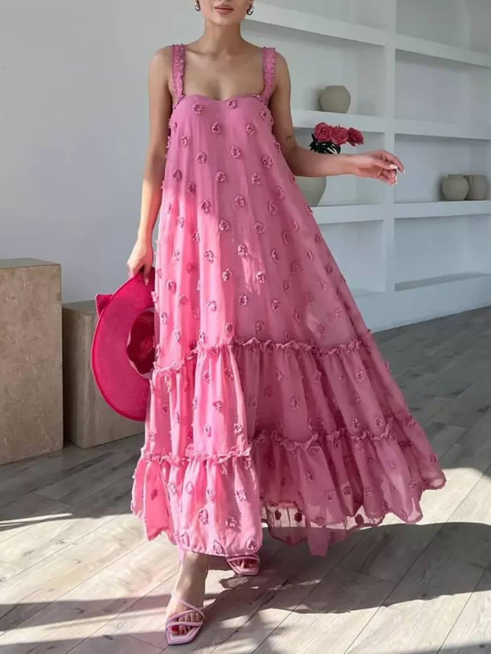 Flower Decor Pretty A-Line Layered Loose Maxi Dress Pink