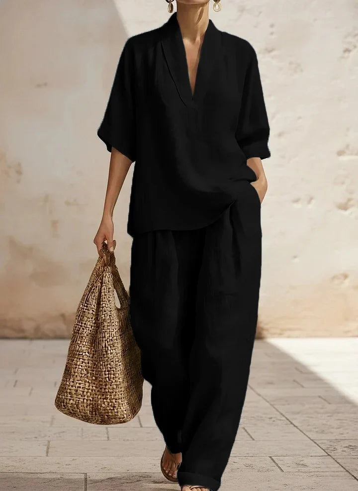Deep V-Neck Short Sleeve Top and Wide Leg Pants Two Piece Set