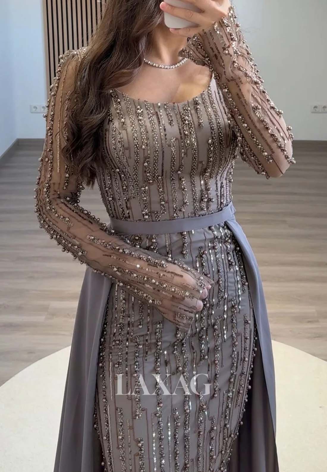 Scoop-Neck Long-Sleeves Formal Gowns Beaded Pleated Mermaid Evening Dress with Tulle Train