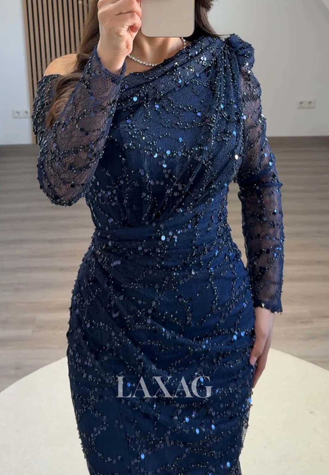 Asymmetrical-Neck Long-Sleeves Pleated Mermaid Evening Dress Fully Sequined Beaded Formal Gowns