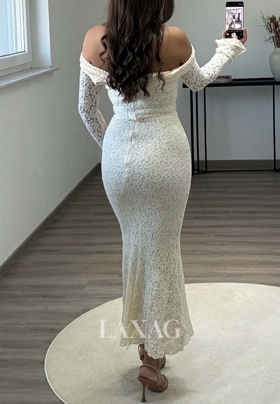 Tube Top Allover Lace Ankle-Length Formal Gowns Long-Sleeves Pleated Mermaid Evening Dress