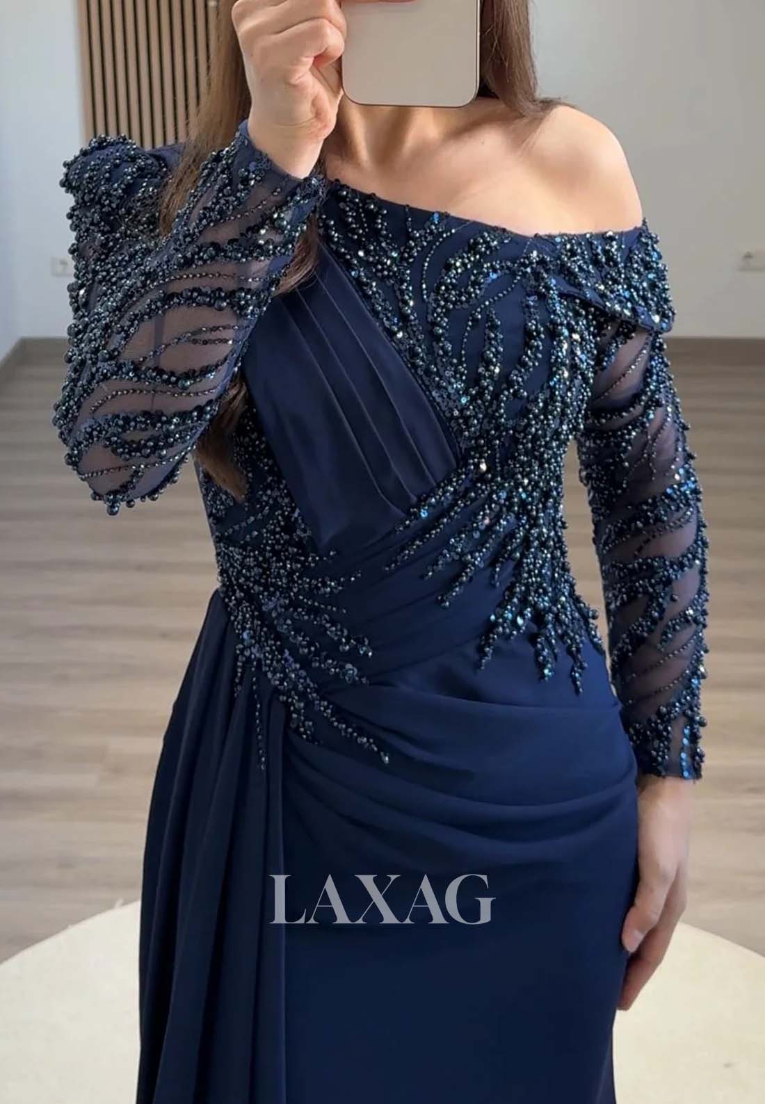 Long-Sleeves Beaded Pleated Formal Gowns Asymmetrical-Neck Sweep Train Mermaid Evening Dress