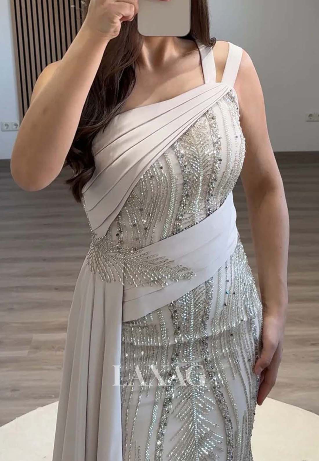 Asymmetrical-Neck Sleeveless Pleated Mermaid Evening Dress Fully Beaded Formal Gowns with Satin Train