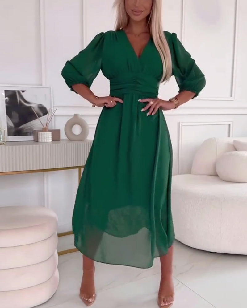 V-Neck Solid Color Waist Dress Green S