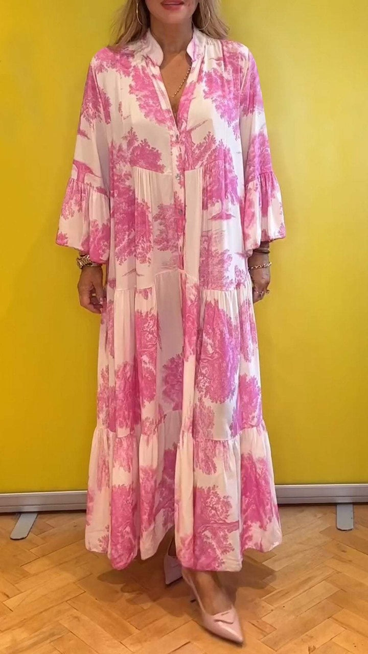 V-neck Bell Sleeve Printed Casual Dress Pink S