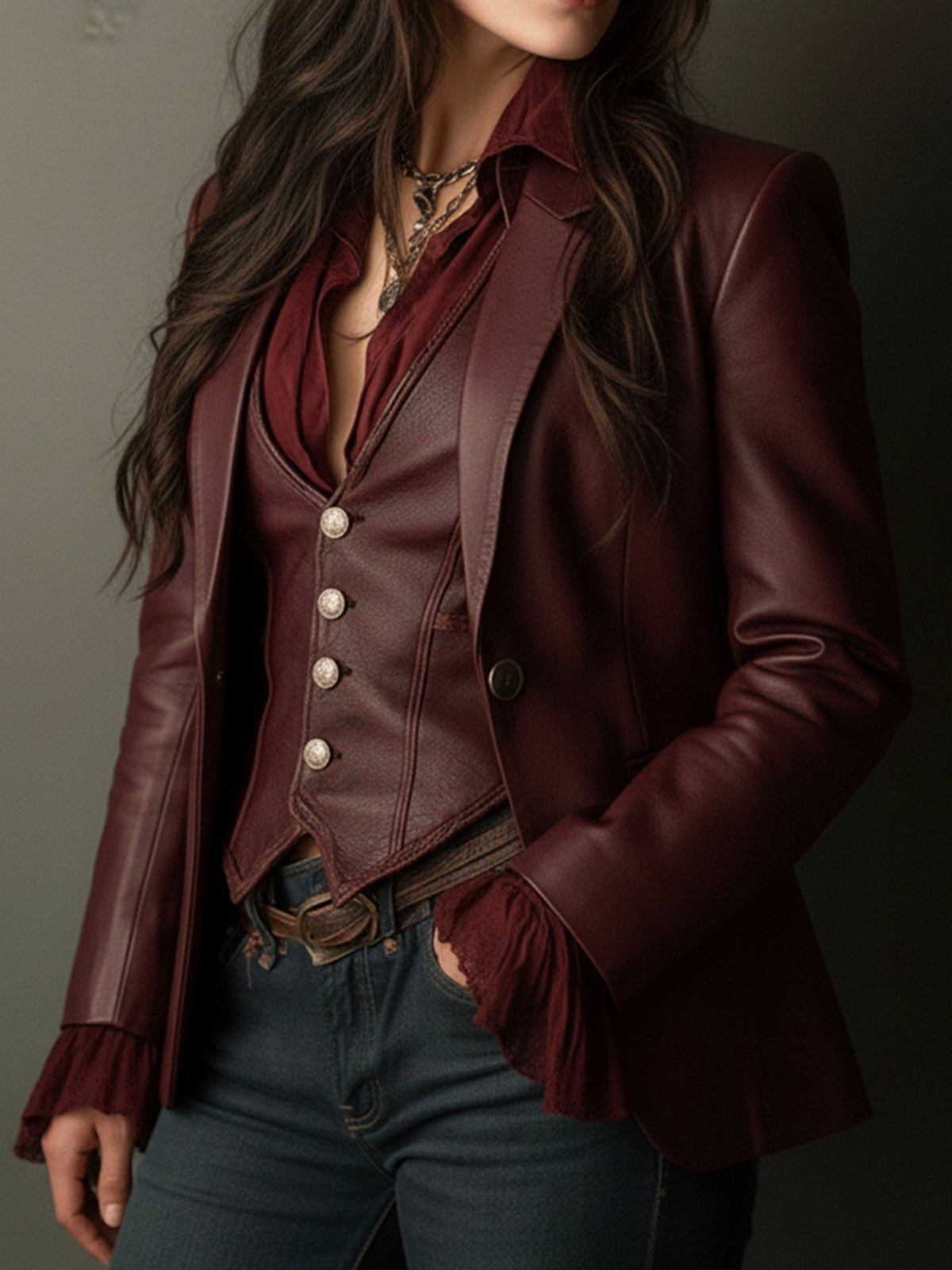 Faux Leather Ruffle Cuff Single Button Blazer
